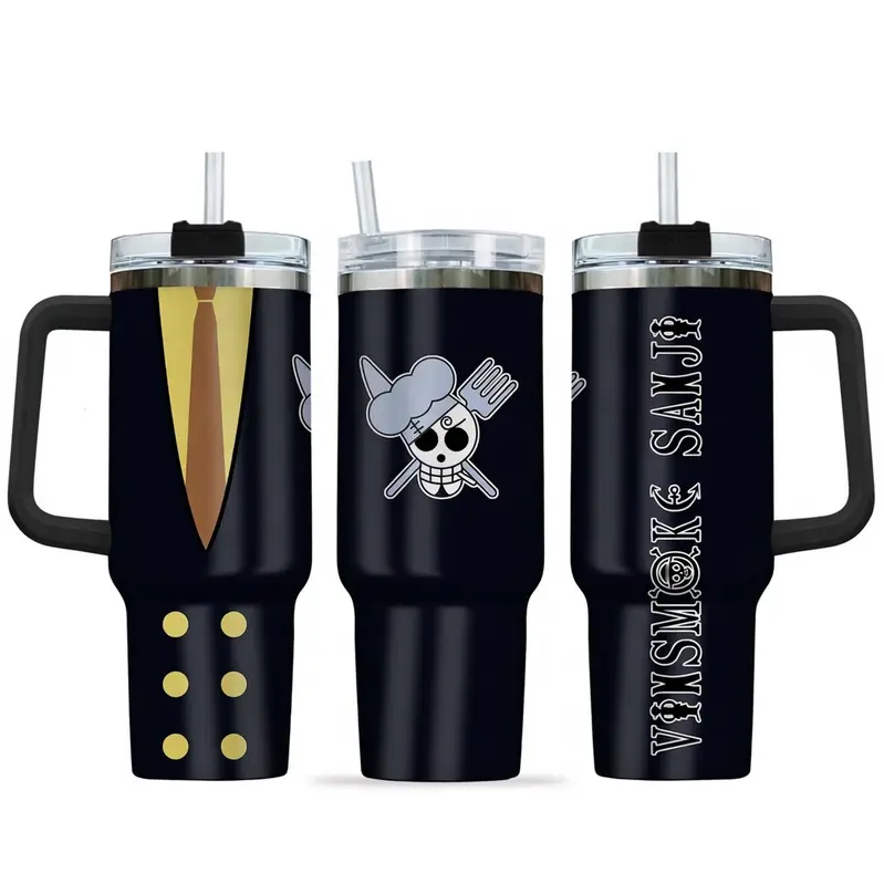 [HIKISTREET] Vinsmoke Sanji One Piece 40oz Tumbler with Handle and Straw, Stainless Steel Vacuum Insulated Cup, OP Jolly Roger Skull Design, Anime Merch, Anime Tumbler