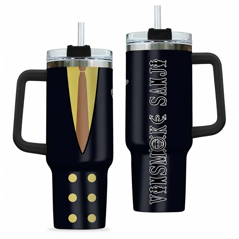 [HIKISTREET] Vinsmoke Sanji One Piece 40oz Tumbler with Handle and Straw, Stainless Steel Vacuum Insulated Cup, OP Jolly Roger Skull Design, Anime Merch, Anime Tumbler