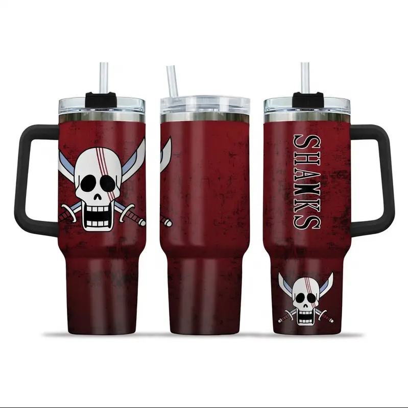 [HIKISTREET] Shanks Red Hair Pirates One Piece 40oz Tumbler with Handle and Straw, Stainless Steel Vacuum Insulated Cup, OP Jolly Roger Skull Design, Anime Merch, Anime Tumbler
