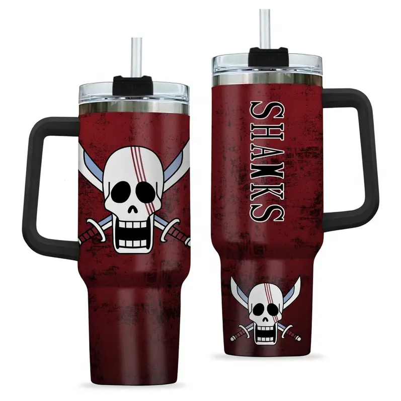 [HIKISTREET] Shanks Red Hair Pirates One Piece 40oz Tumbler with Handle and Straw, Stainless Steel Vacuum Insulated Cup, OP Jolly Roger Skull Design, Anime Merch, Anime Tumbler