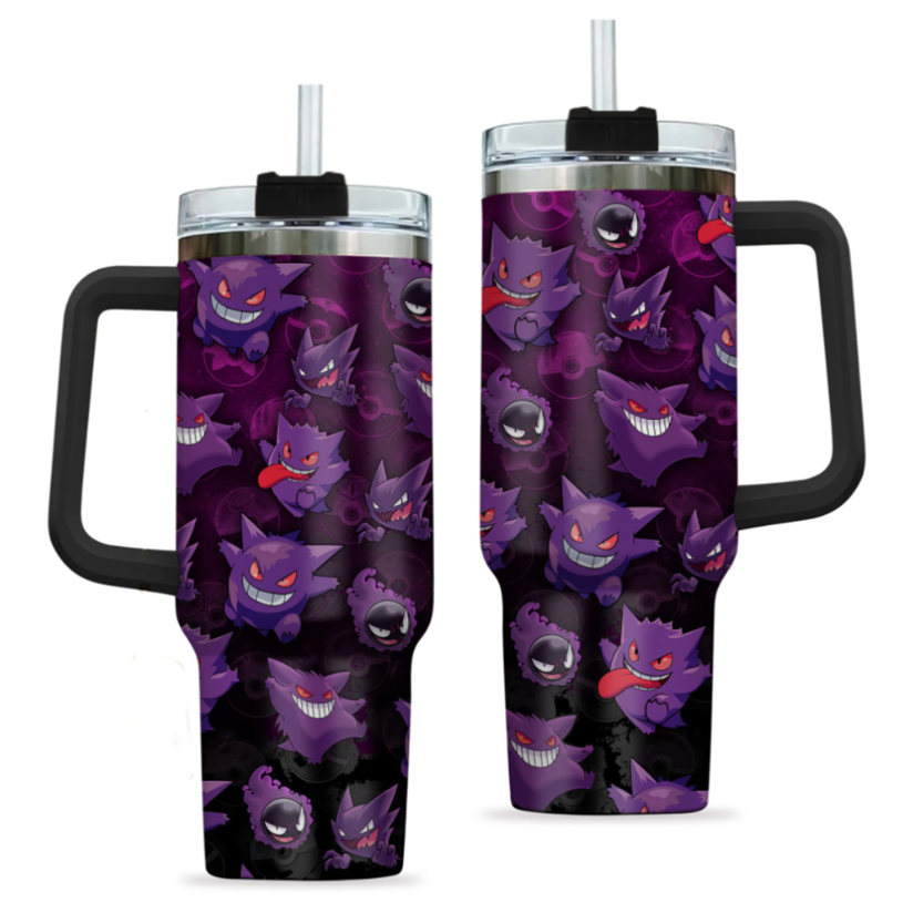 [HIKISTREET] Gengar Pokemon 40oz Tumbler with Handle and Straw, Stainless Steel Vacuum Insulated Cup, Pocket Monster Design, Anime Merch, Anime Tumbler