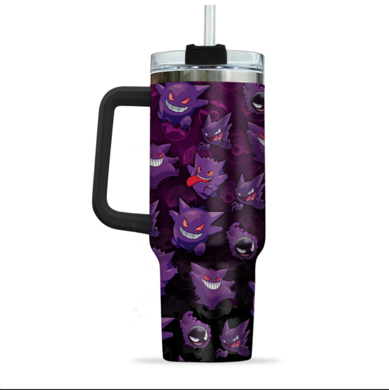 [HIKISTREET] Gengar Pokemon 40oz Tumbler with Handle and Straw, Stainless Steel Vacuum Insulated Cup, Pocket Monster Design, Anime Merch, Anime Tumbler