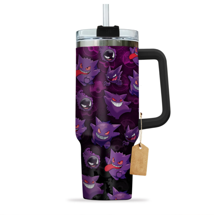 [HIKISTREET] Gengar Pokemon 40oz Tumbler with Handle and Straw, Stainless Steel Vacuum Insulated Cup, Pocket Monster Design, Anime Merch, Anime Tumbler