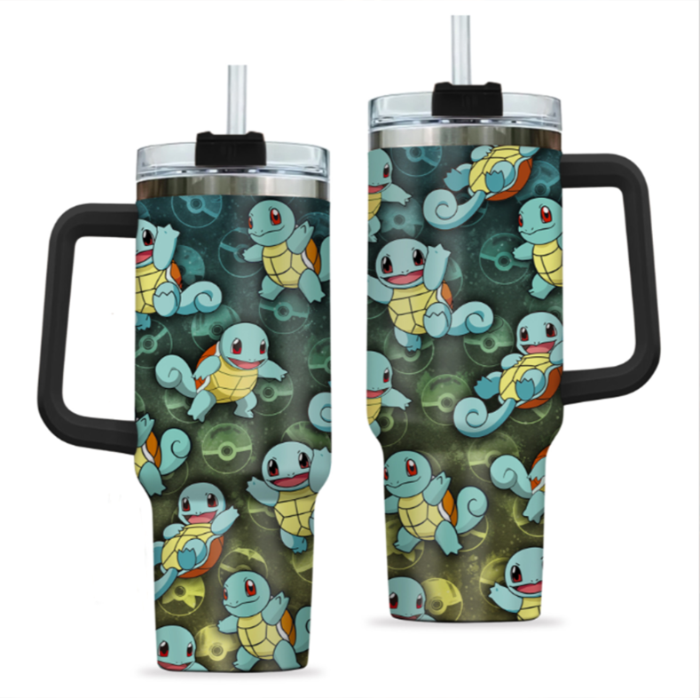 [HIKISTREET] Squirtle Pokemon 40oz Tumbler with Handle and Straw, Stainless Steel Vacuum Insulated Cup, Pocket Monster Design, Anime Merch, Anime Tumbler