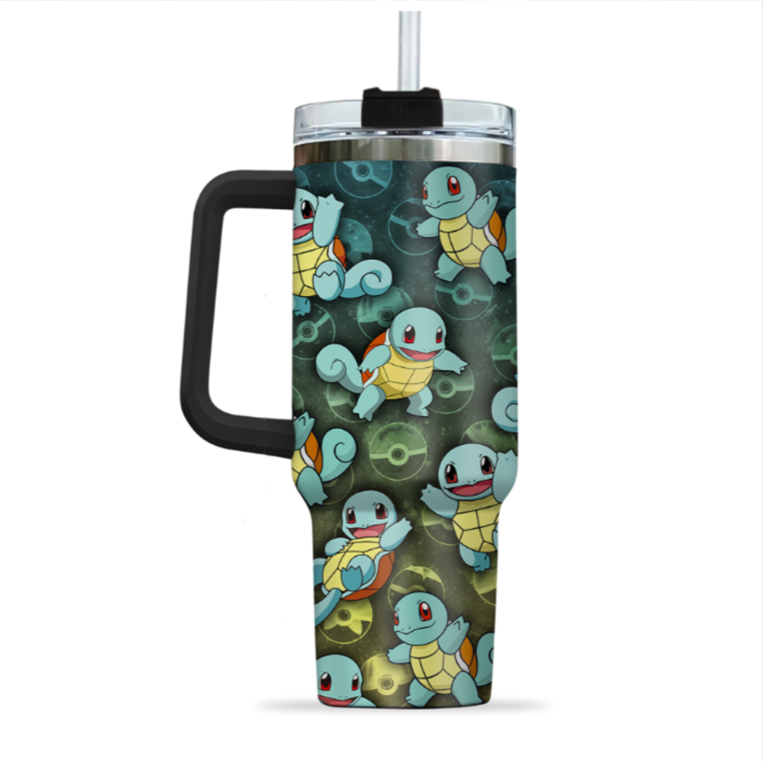 [HIKISTREET] Squirtle Pokemon 40oz Tumbler with Handle and Straw, Stainless Steel Vacuum Insulated Cup, Pocket Monster Design, Anime Merch, Anime Tumbler
