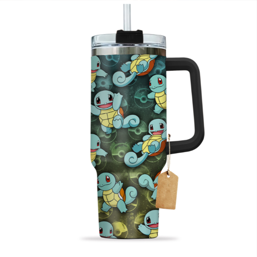 [HIKISTREET] Squirtle Pokemon 40oz Tumbler with Handle and Straw, Stainless Steel Vacuum Insulated Cup, Pocket Monster Design, Anime Merch, Anime Tumbler