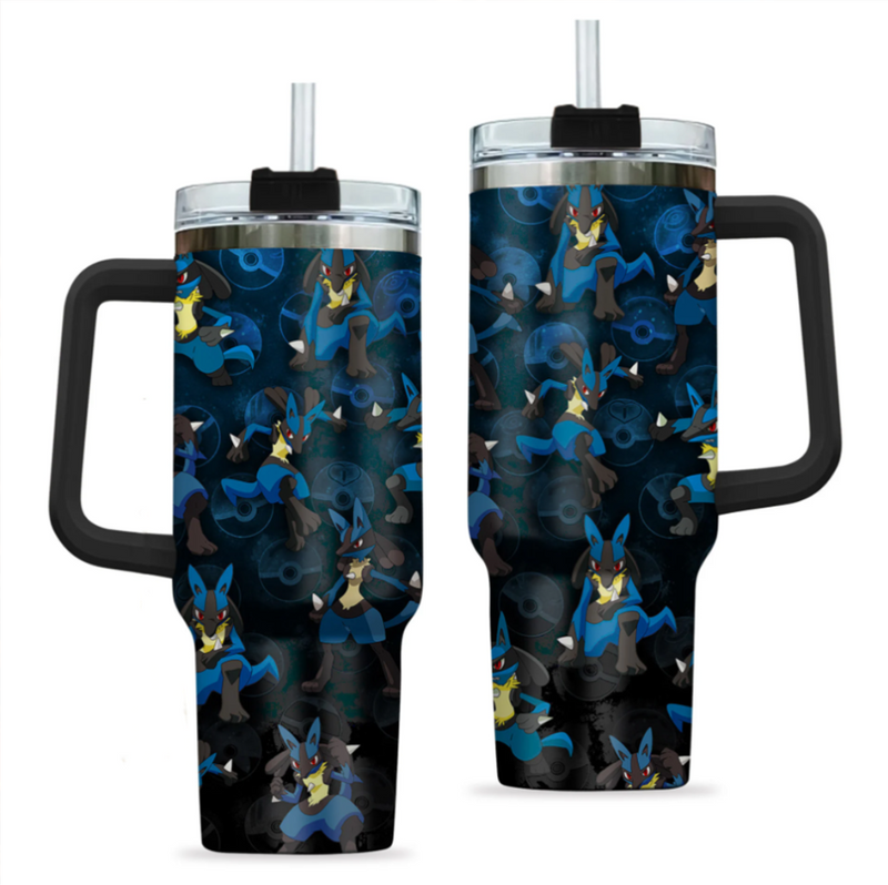 [HIKISTREET] Lucario Pokemon 40oz Tumbler with Handle and Straw, Stainless Steel Vacuum Insulated Cup, Pocket Monster Design, Anime Merch, Anime Tumbler