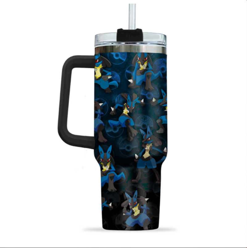[HIKISTREET] Lucario Pokemon 40oz Tumbler with Handle and Straw, Stainless Steel Vacuum Insulated Cup, Pocket Monster Design, Anime Merch, Anime Tumbler