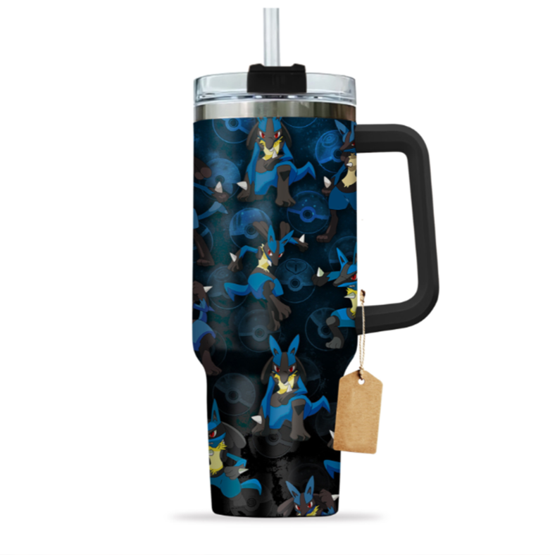 [HIKISTREET] Lucario Pokemon 40oz Tumbler with Handle and Straw, Stainless Steel Vacuum Insulated Cup, Pocket Monster Design, Anime Merch, Anime Tumbler