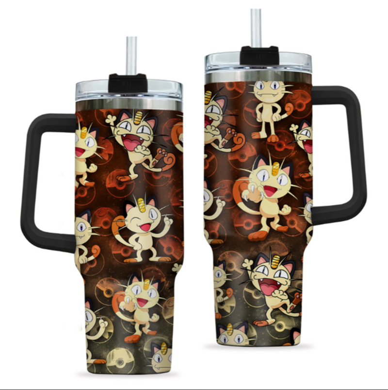 [HIKISTREET] Meowth Pokemon 40oz Tumbler with Handle and Straw, Stainless Steel Vacuum Insulated Cup, Pocket Monster Design, Anime Merch, Anime Tumbler