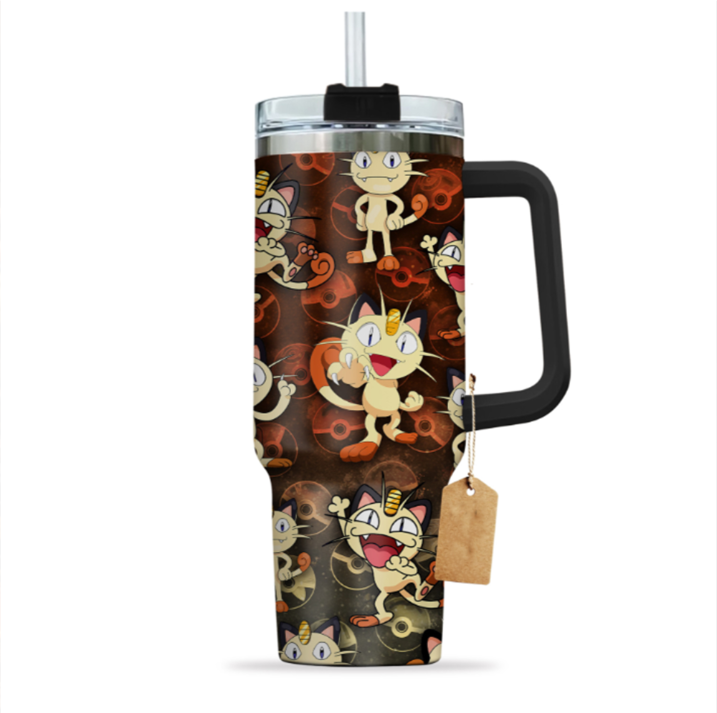 [HIKISTREET] Meowth Pokemon 40oz Tumbler with Handle and Straw, Stainless Steel Vacuum Insulated Cup, Pocket Monster Design, Anime Merch, Anime Tumbler
