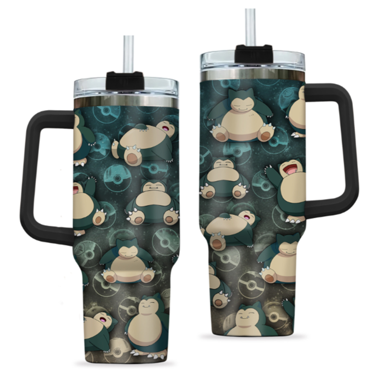 [HIKISTREET] Snorlax Pokemon 40oz Tumbler with Handle and Straw, Stainless Steel Vacuum Insulated Cup, Pocket Monster Design, Anime Merch, Anime Tumbler