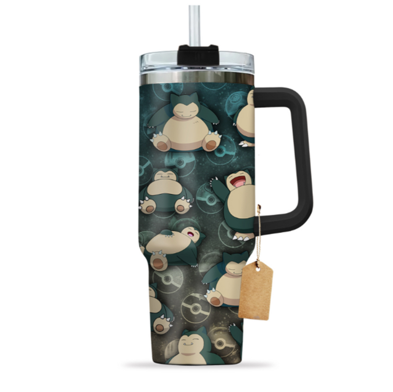[HIKISTREET] Snorlax Pokemon 40oz Tumbler with Handle and Straw, Stainless Steel Vacuum Insulated Cup, Pocket Monster Design, Anime Merch, Anime Tumbler