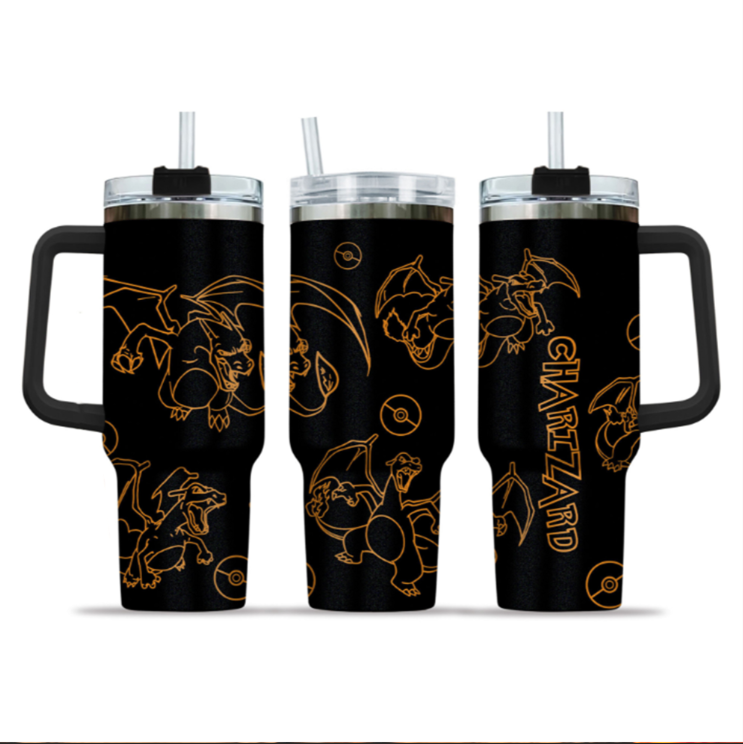 [HIKISTREET] Charizard Pokemon 40oz Tumbler with Handle and Straw, Stainless Steel Vacuum Insulated Cup, Pocket Monster Design, Anime Merch, Anime Tumbler
