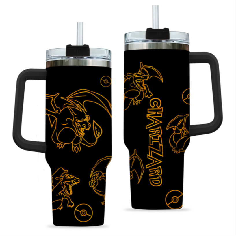 [HIKISTREET] Charizard Pokemon 40oz Tumbler with Handle and Straw, Stainless Steel Vacuum Insulated Cup, Pocket Monster Design, Anime Merch, Anime Tumbler