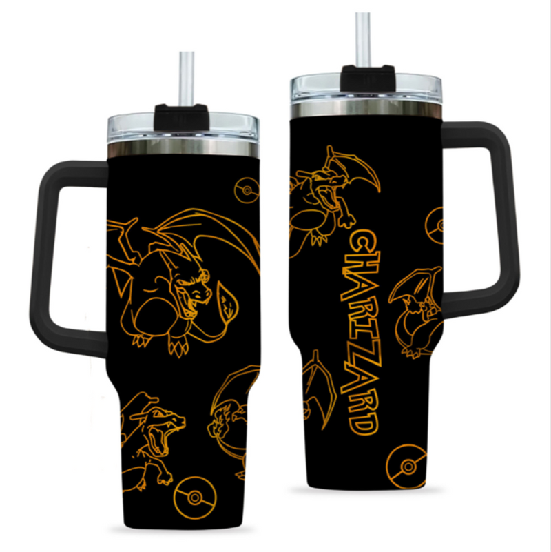 [HIKISTREET] Charizard Pokemon 40oz Tumbler with Handle and Straw, Stainless Steel Vacuum Insulated Cup, Pocket Monster Design, Anime Merch, Anime Tumbler