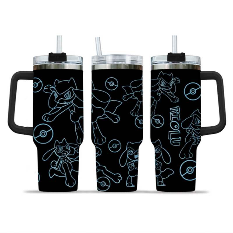[HIKISTREET] Riolu Pokemon 40oz Tumbler with Handle and Straw, Stainless Steel Vacuum Insulated Cup, Pocket Monster Design, Anime Merch, Anime Tumbler