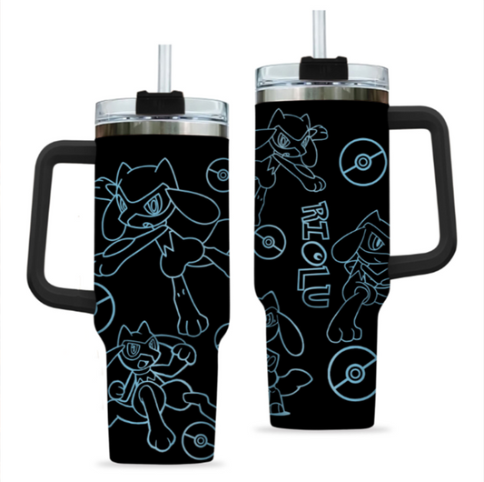 [HIKISTREET] Riolu Pokemon 40oz Tumbler with Handle and Straw, Stainless Steel Vacuum Insulated Cup, Pocket Monster Design, Anime Merch, Anime Tumbler