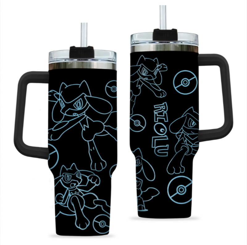 [HIKISTREET] Riolu Pokemon 40oz Tumbler with Handle and Straw, Stainless Steel Vacuum Insulated Cup, Pocket Monster Design, Anime Merch, Anime Tumbler