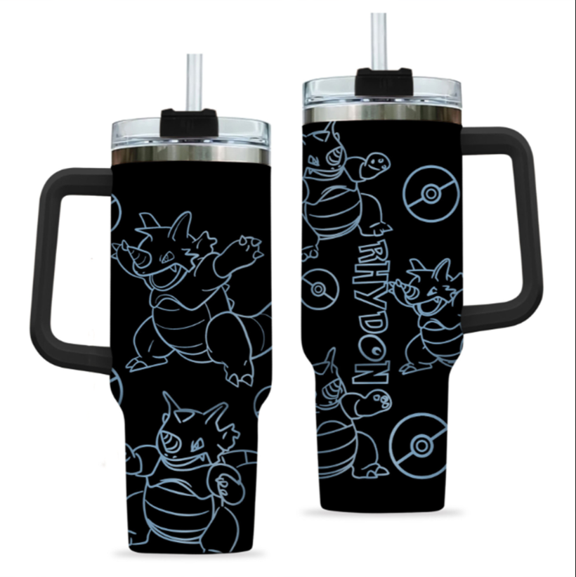 [HIKISTREET] Rhydon Pokemon 40oz Tumbler with Handle and Straw, Stainless Steel Vacuum Insulated Cup, Pocket Monster Design, Anime Merch, Anime Tumbler