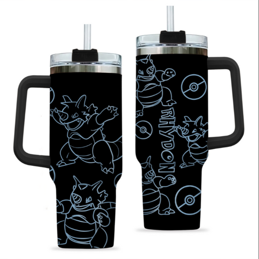 [HIKISTREET] Rhydon Pokemon 40oz Tumbler with Handle and Straw, Stainless Steel Vacuum Insulated Cup, Pocket Monster Design, Anime Merch, Anime Tumbler