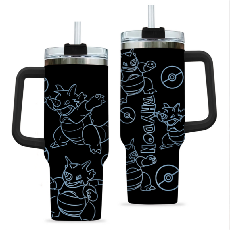 [HIKISTREET] Rhydon Pokemon 40oz Tumbler with Handle and Straw, Stainless Steel Vacuum Insulated Cup, Pocket Monster Design, Anime Merch, Anime Tumbler