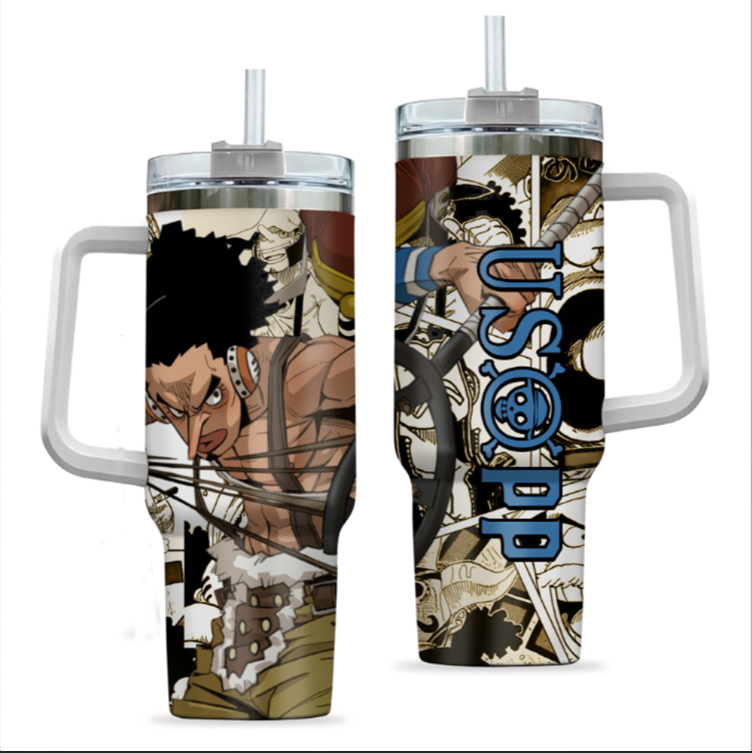 [HIKISTREET] Usopp One Piece 40oz Tumbler with Handle and Straw, Stainless Steel Vacuum Insulated Cup, One Piece Design, Anime Merch, Anime Tumbler