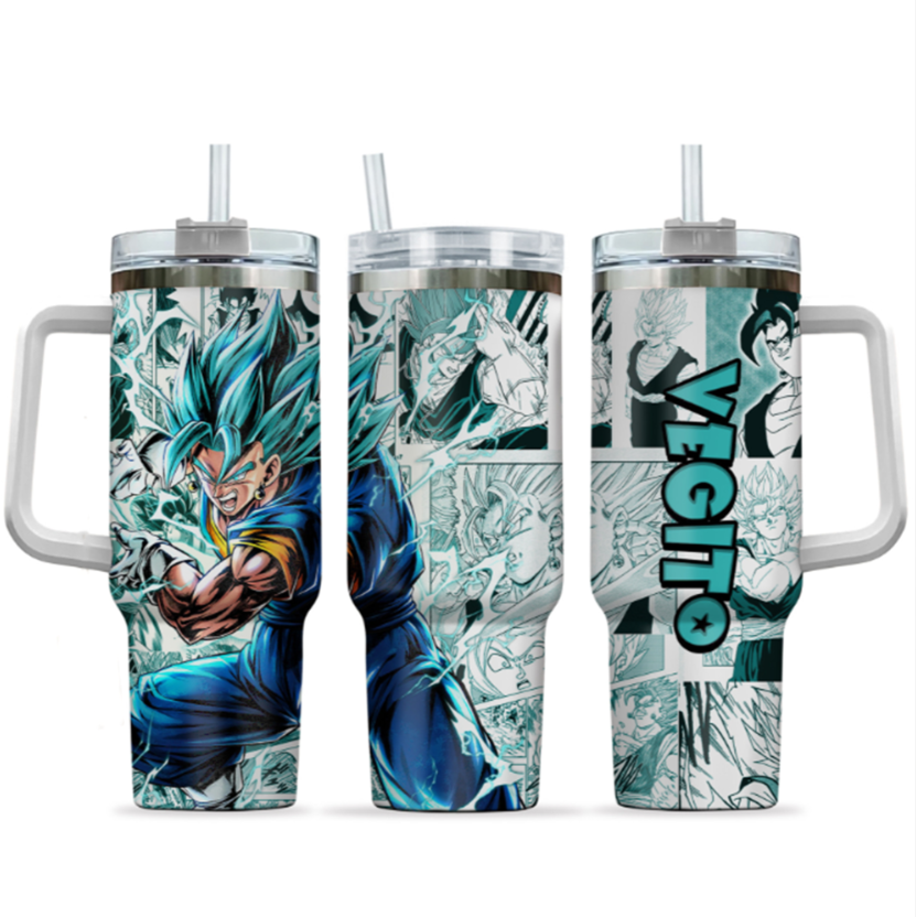 [HIKISTREET] Vegito Dragon Ball 40oz Tumbler with Handle and Straw, Stainless Steel Vacuum Insulated Cup, Dragon Ball Design, Anime Merch, Anime Tumbler