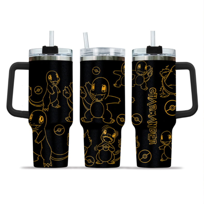 [HIKISTREET] Charmander Pokemon 40oz Tumbler with Handle and Straw, Stainless Steel Vacuum Insulated Cup, Pocket Monster Design, Anime Merch, Anime Tumbler