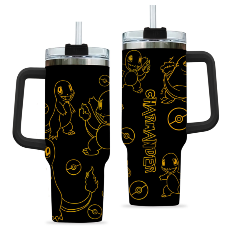 [HIKISTREET] Charmander Pokemon 40oz Tumbler with Handle and Straw, Stainless Steel Vacuum Insulated Cup, Pocket Monster Design, Anime Merch, Anime Tumbler