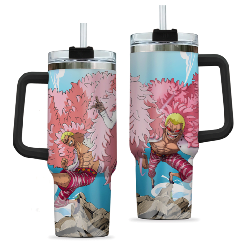 [HIKISTREET] Doflamingo One Piece 40oz Tumbler with Handle and Straw, Stainless Steel Vacuum Insulated Cup, One Piece Design, Anime Merch, Anime Tumbler