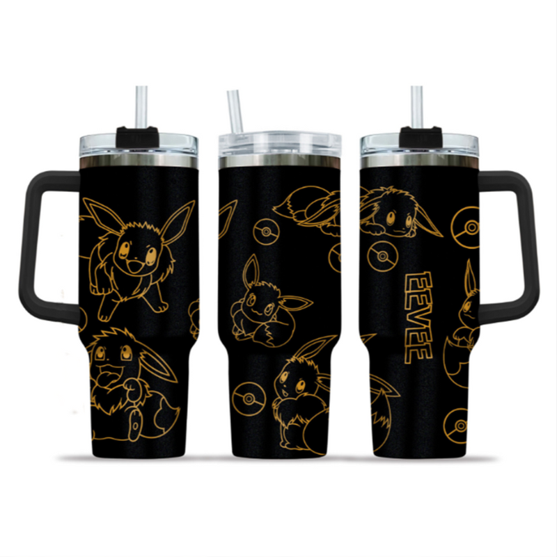[HIKISTREET] Eevee Pokemon 40oz Tumbler with Handle and Straw, Stainless Steel Vacuum Insulated Cup, Pocket Monster Design, Anime Merch, Anime Tumbler