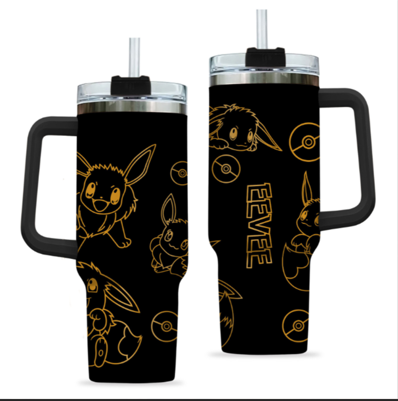 [HIKISTREET] Eevee Pokemon 40oz Tumbler with Handle and Straw, Stainless Steel Vacuum Insulated Cup, Pocket Monster Design, Anime Merch, Anime Tumbler