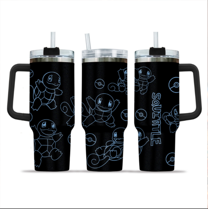 [HIKISTREET] Squirtle V2 Pokemon 40oz Tumbler with Handle and Straw, Stainless Steel Vacuum Insulated Cup, Pocket Monster Design, Anime Merch, Anime Tumbler