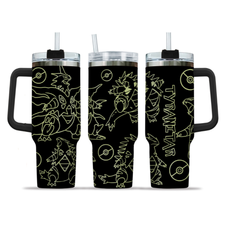 [HIKISTREET] Tyranitar Pokemon 40oz Tumbler with Handle and Straw, Stainless Steel Vacuum Insulated Cup, Pocket Monster Design, Anime Merch, Anime Tumbler
