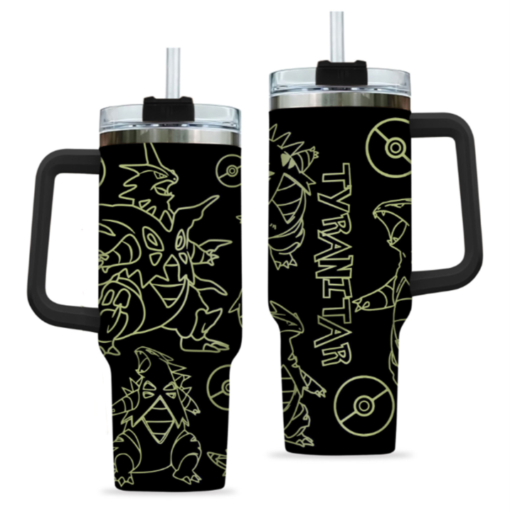 [HIKISTREET] Tyranitar Pokemon 40oz Tumbler with Handle and Straw, Stainless Steel Vacuum Insulated Cup, Pocket Monster Design, Anime Merch, Anime Tumbler