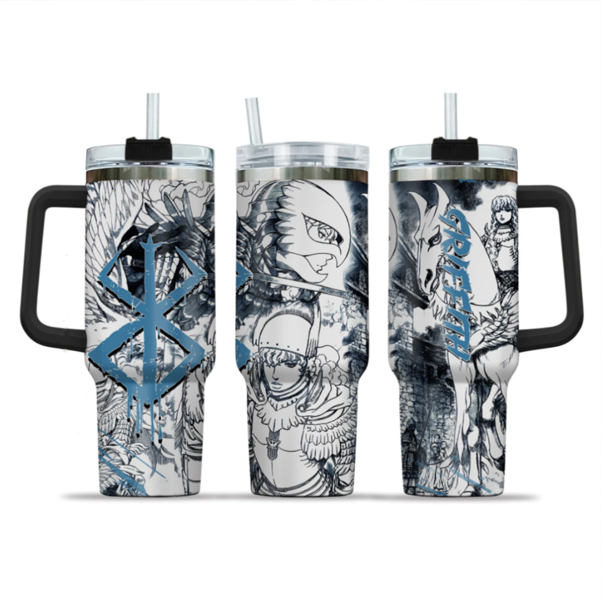 [HIKISTREET] Griffith Berserk 40oz Tumbler with Handle and Straw, Stainless Steel Vacuum Insulated Cup, Berserk Design, Anime Merch, Anime Tumbler