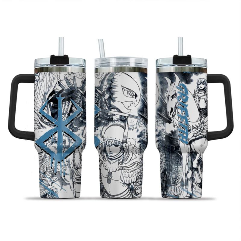 [HIKISTREET] Griffith Berserk 40oz Tumbler with Handle and Straw, Stainless Steel Vacuum Insulated Cup, Berserk Design, Anime Merch, Anime Tumbler