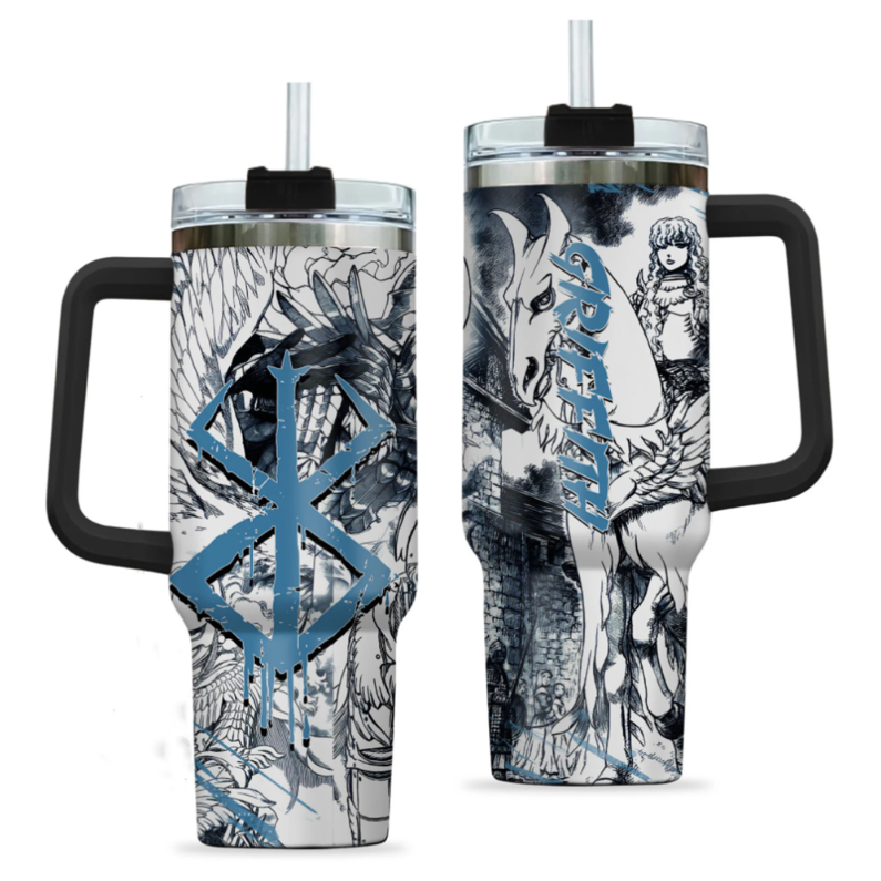 [HIKISTREET] Griffith Berserk 40oz Tumbler with Handle and Straw, Stainless Steel Vacuum Insulated Cup, Berserk Design, Anime Merch, Anime Tumbler