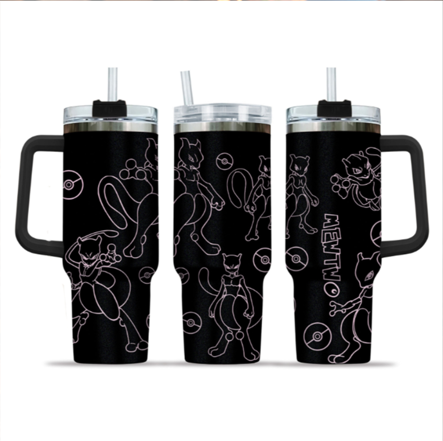 [HIKISTREET] Mewtwo Pokemon 40oz Tumbler with Handle and Straw, Stainless Steel Vacuum Insulated Cup, Pocket Monster Design, Anime Merch, Anime Tumbler