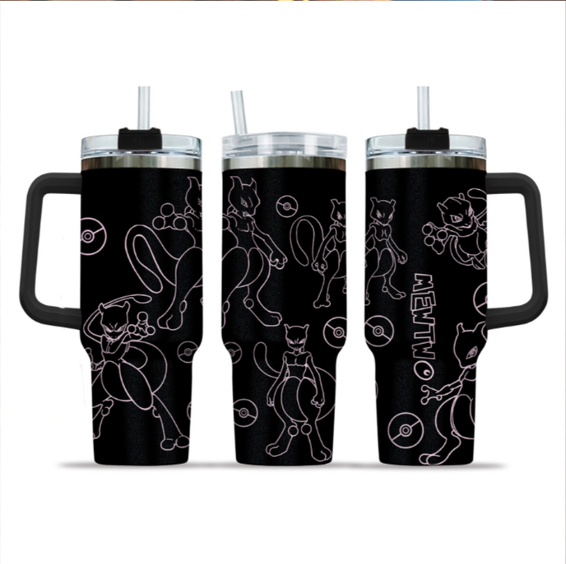 [HIKISTREET] Mewtwo Pokemon 40oz Tumbler with Handle and Straw, Stainless Steel Vacuum Insulated Cup, Pocket Monster Design, Anime Merch, Anime Tumbler