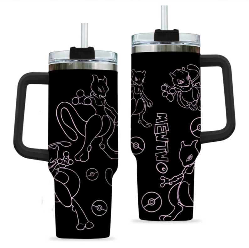 [HIKISTREET] Mewtwo Pokemon 40oz Tumbler with Handle and Straw, Stainless Steel Vacuum Insulated Cup, Pocket Monster Design, Anime Merch, Anime Tumbler