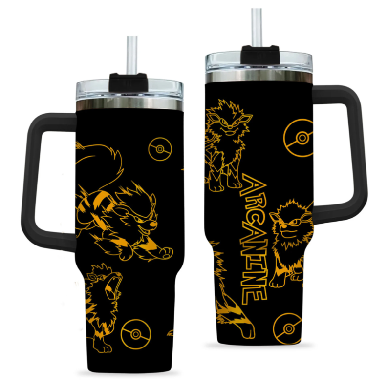 [HIKISTREET] Arcanine Pokemon 40oz Tumbler with Handle and Straw, Stainless Steel Vacuum Insulated Cup, Pocket Monster Design, Anime Merch, Anime Tumbler