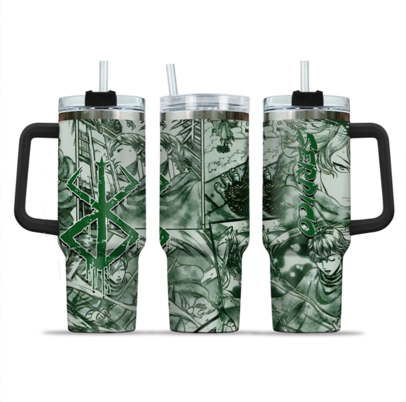 [HIKISTREET] Serpico Berserk 40oz Tumbler with Handle and Straw, Stainless Steel Vacuum Insulated Cup, Berserk Design, Anime Merch, Anime Tumbler
