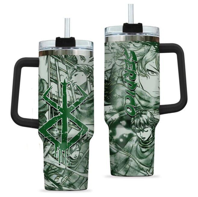 [HIKISTREET] Serpico Berserk 40oz Tumbler with Handle and Straw, Stainless Steel Vacuum Insulated Cup, Berserk Design, Anime Merch, Anime Tumbler