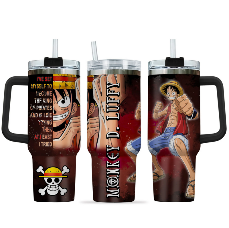 [HIKISTREET] Luffy One Piece 40oz Tumbler with Handle and Straw, Stainless Steel Vacuum Insulated Cup, One Piece Design, Anime Merch, Anime Tumbler