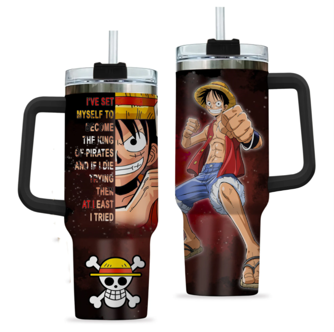 [HIKISTREET] Luffy One Piece 40oz Tumbler with Handle and Straw, Stainless Steel Vacuum Insulated Cup, One Piece Design, Anime Merch, Anime Tumbler
