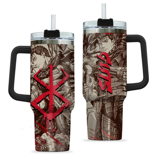 [HIKISTREET] Guts Berserk 40oz Tumbler with Handle and Straw, Stainless Steel Vacuum Insulated Cup, Berserk Design, Anime Merch, Anime Tumbler