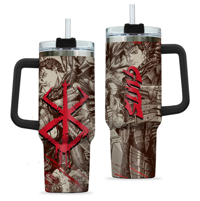 [HIKISTREET] Guts Berserk 40oz Tumbler with Handle and Straw, Stainless Steel Vacuum Insulated Cup, Berserk Design, Anime Merch, Anime Tumbler