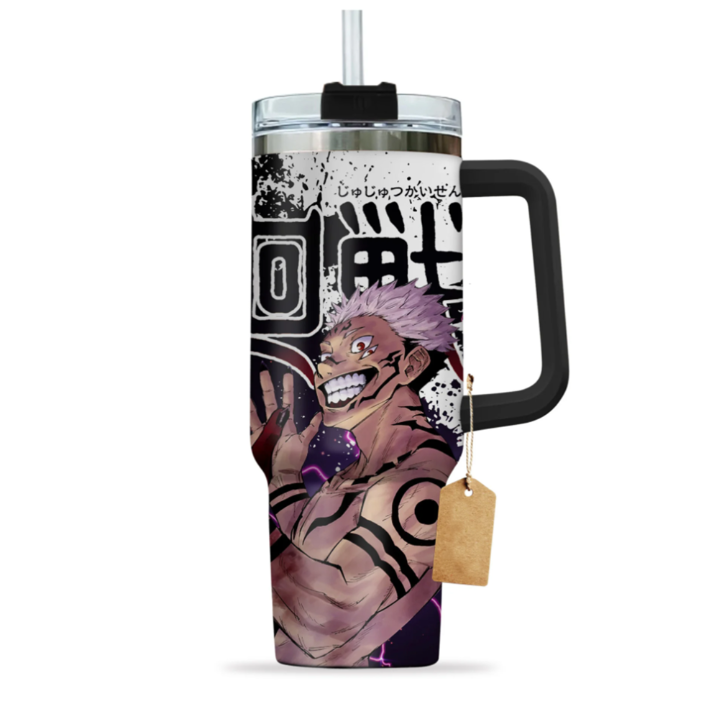 [HIKISTREET] Sukuna Ryoumen Jujutsu Kaisen 40oz Tumbler with Handle and Straw, Stainless Steel Vacuum Insulated Cup, Jujutsu Kaisen Design, Anime Merch, Anime Tumbler